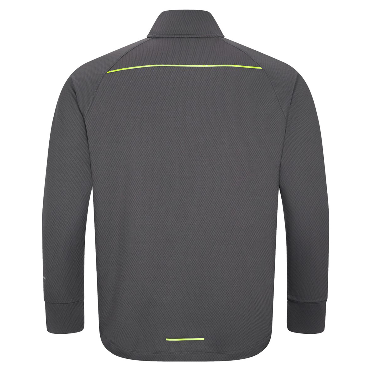 The Canterbury Tempo+ 1/4 Zip Training Top is a gray long-sleeve top with a collar, shown from the back, featuring two thin yellow reflective strips near the shoulders and lower back.