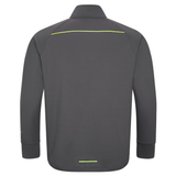 The Canterbury Tempo+ 1/4 Zip Training Top is a gray long-sleeve top with a collar, shown from the back, featuring two thin yellow reflective strips near the shoulders and lower back.