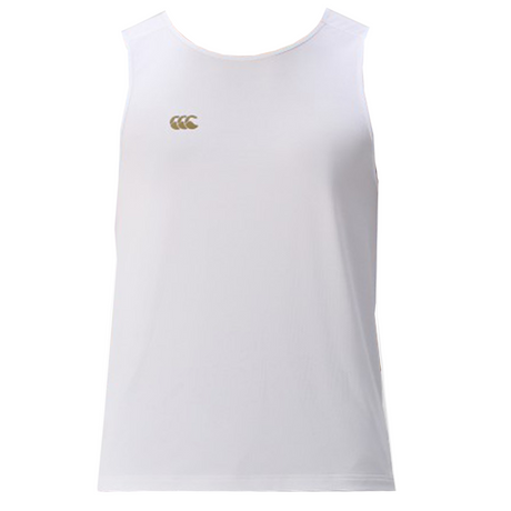 The Canterbury Tempo+ Singlet is a sleeveless white rugby training top with a small gold logo on the upper left chest, made from moisture-wicking fabric and shown on a plain white background.
