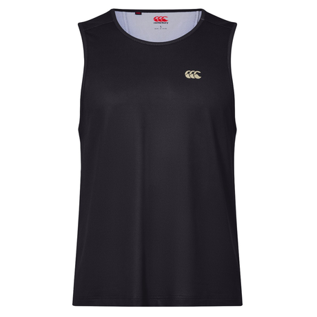 The Tempo+ Singlet by Canterbury is a sleeveless black rugby training top with a small white chest logo. Made from moisture-wicking fabric, this Canterbury singlet is shown on a plain white background.