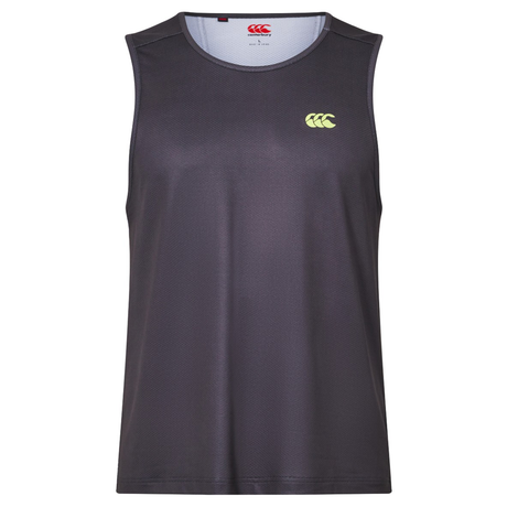 The Tempo+ Singlet by Canterbury is a sleeveless dark gray training top featuring a small yellow logo on the upper left chest, designed for optimal workout comfort.