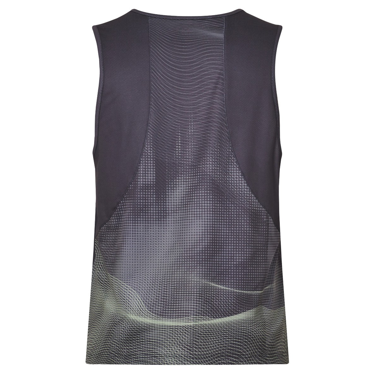 Back view of the Tempo+ Singlet by Canterbury, a sleeveless gym top with a dark abstract wavy pattern, made from lightweight, moisture-wicking fabric for breathable performance training.