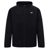 The Canterbury Tempo+ Full-Zip Hoodie is a black, lightweight stretch hoodie with a small gold Canterbury logo on the left chest, shown against a plain white background.