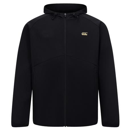 The Canterbury Tempo+ Full-Zip Hoodie is a black, lightweight stretch hoodie with a small gold Canterbury logo on the left chest, shown against a plain white background.