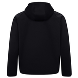 The Canterbury Tempo+ Full-Zip Hoodie by Canterbury is shown from the back, featuring a plain black design with long sleeves, lightweight stretch fabric, and no visible logos or designs.