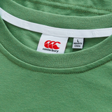 Close-up of the Canterbury Uglies CCC Logo T-Shirt (H225), green, featuring the neckline and a white "Canterbury" tag labeled size L and "Made in China.