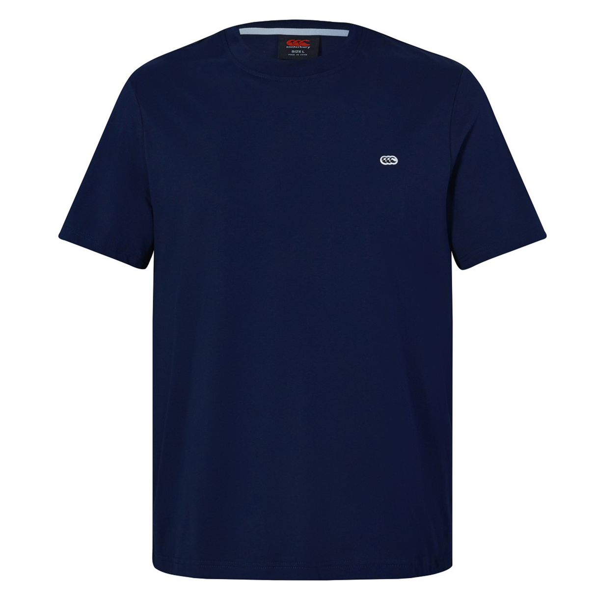 The Sport Dept. Logo T-Shirt by Canterbury is a plain navy blue cotton blend tee featuring a small white Canterbury logo on the left chest, shown against a white background.