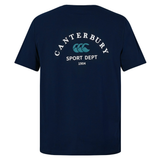 The Sport Dept. Logo T-Shirt by Canterbury features "Canterbury Sport Dept 1904" on navy blue athletic cotton blend, with a white Canterbury logo printed on the upper back.