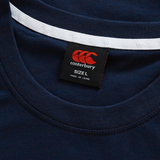 Close-up of the navy Sport Dept. Logo T-Shirt by Canterbury, showing a black size L tag and white strip with repeated logos inside the neckline—an athletic cotton blend tee perfect for rugby fans.