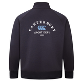 The Canterbury Sport Dept. 1/4 Zip Sweater is black with "Canterbury Sport Dept 1904" and a blue logo printed on the back.