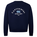 Canterbury Sport Dept. Crew Sweatshirt in navy blue, with "Canterbury Sport Dept 1904" and triple crescent logos in white and light blue printed on the back.