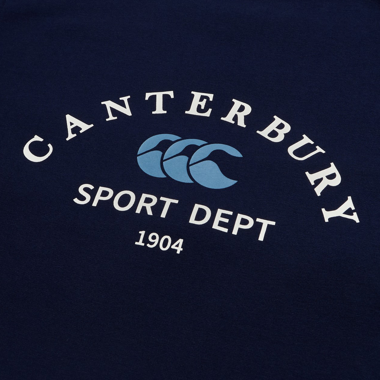The Sport Dept. Crew Sweatshirt by Canterbury features "CANTERBURY SPORT DEPT 1904" and a triple wave logo in white and blue—ideal for those seeking rugby-inspired style.