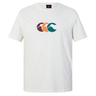 The Fundamentals CCC Logo T-Shirt by Canterbury is a white, short-sleeve tee featuring three overlapping wave-like shapes in purple, orange, and teal on the chest—a true Canterbury essential.