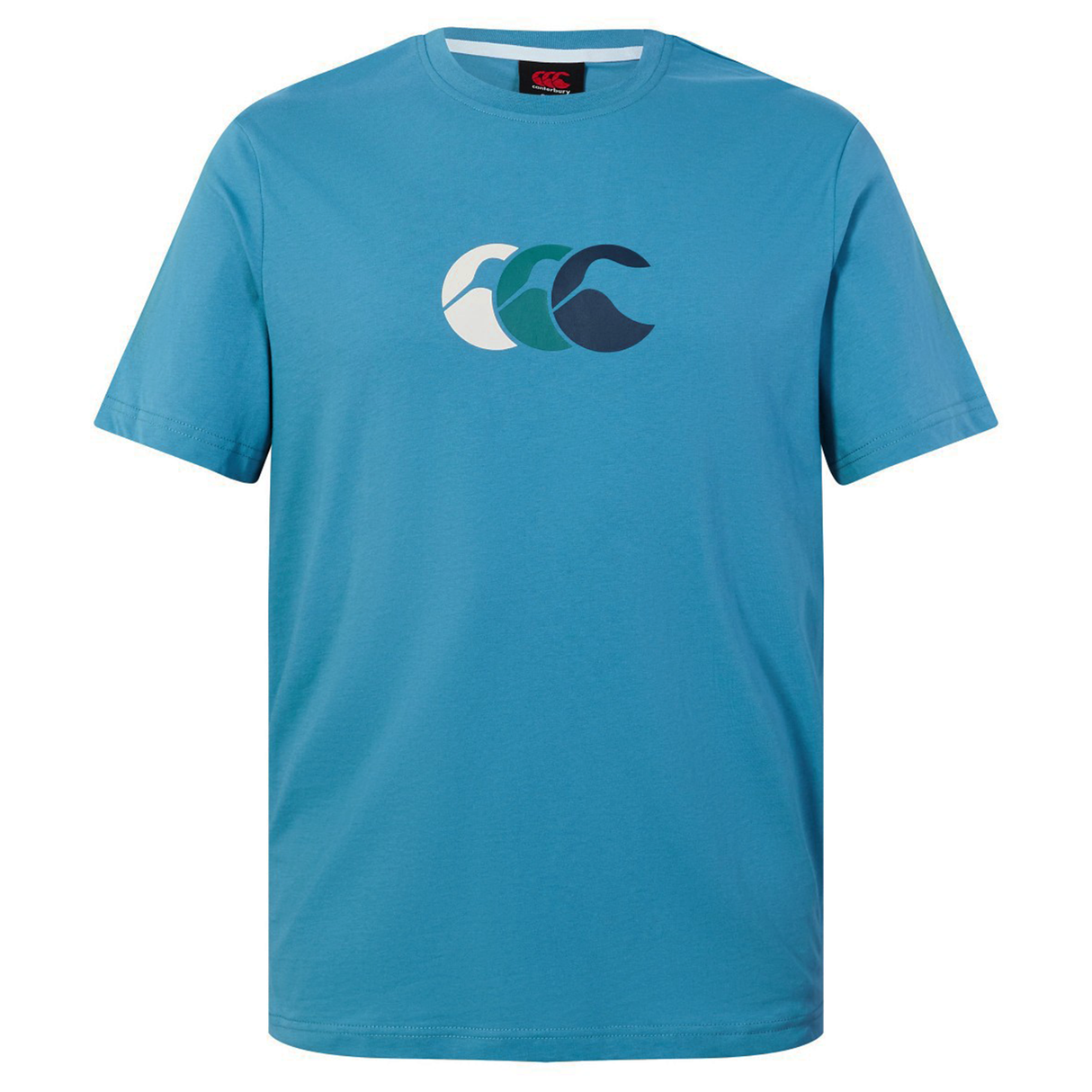 Show your Canterbury pride in the Fundamentals CCC Logo T-Shirt, a plain blue short-sleeve tee featuring three overlapping wave shapes in white, teal, and navy centered on the chest.