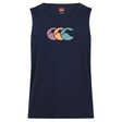 The Canterbury Fundamentals CCC Logo Tank by Canterbury H225 is a navy blue sleeveless top with three overlapping wave logos in pink, orange, and light blue on the chest—a classic style from the brand.