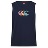 The Canterbury Fundamentals CCC Logo Tank by Canterbury H225 is a navy blue sleeveless top with three overlapping wave logos in pink, orange, and light blue on the chest—a classic style from the brand.