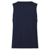 A plain, sleeveless navy blue Fundamentals CCC Logo Tank by Canterbury H225 is shown from the back against a white background—an essential addition to any athletic wardrobe.