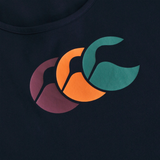 The Canterbury Fundamentals CCC Logo Tank (H225) features navy blue fabric with overlapping purple, orange, and green crescents—ideal for fans of bold, sporty design.