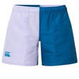 The Canterbury Women's Fundamentals 3" Harletic Shorts feature a light purple left and teal blue right design with a logo on the left leg—perfect for peak performance during athletic training.