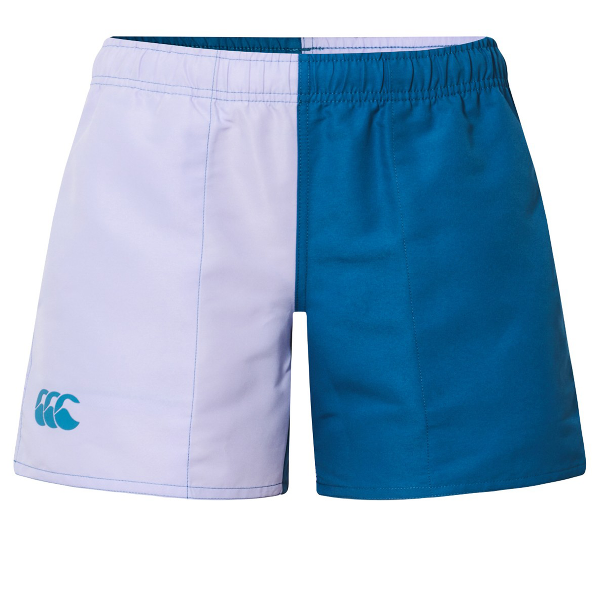 The Canterbury Women's Fundamentals 3" Harletic Shorts feature a light purple left and teal blue right design with a logo on the left leg—perfect for peak performance during athletic training.