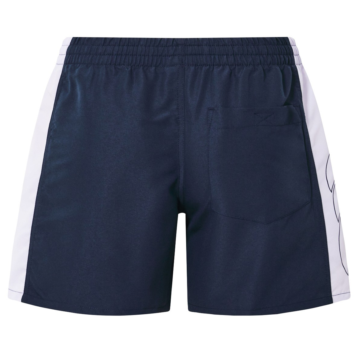Canterbury Women's Fundamentals 5" Panel Tactic Shorts in navy with white side panels, elastic waistband, and a back pocket, shown against a white background.