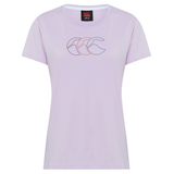 The Women's Fundamentals CCC Logo T-Shirt by Canterbury features a light purple, short-sleeve design with a minimalist triple-“C” logo on the chest and brand plus size details on the neck tag—perfect for women's sportswear.