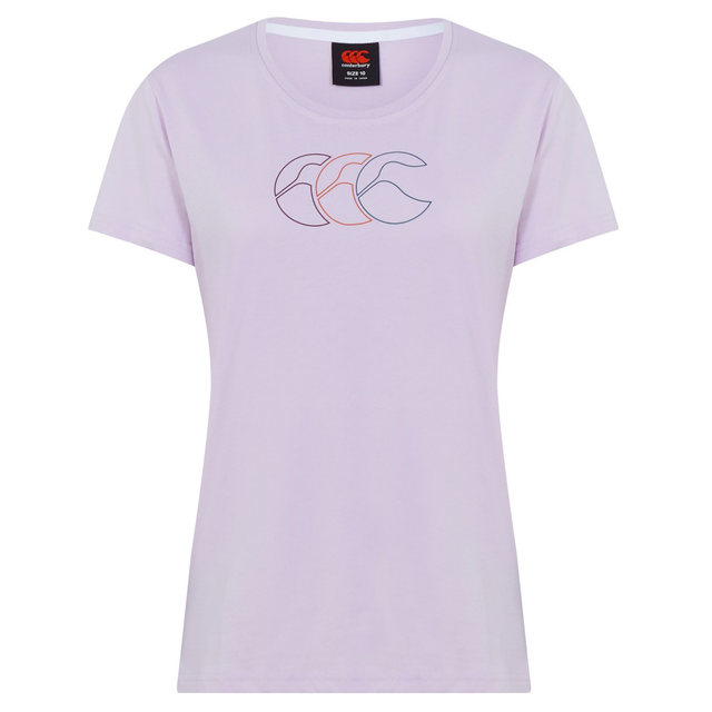 The Women's Fundamentals CCC Logo T-Shirt by Canterbury features a light purple, short-sleeve design with a minimalist triple-“C” logo on the chest and brand plus size details on the neck tag—perfect for women's sportswear.