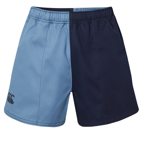 The Canterbury Fundamental Harlequin Drill 3" Shorts feature a split light blue and dark navy design with a small logo on the lower left leg, blending tradition and style—perfect for rugby enthusiasts.