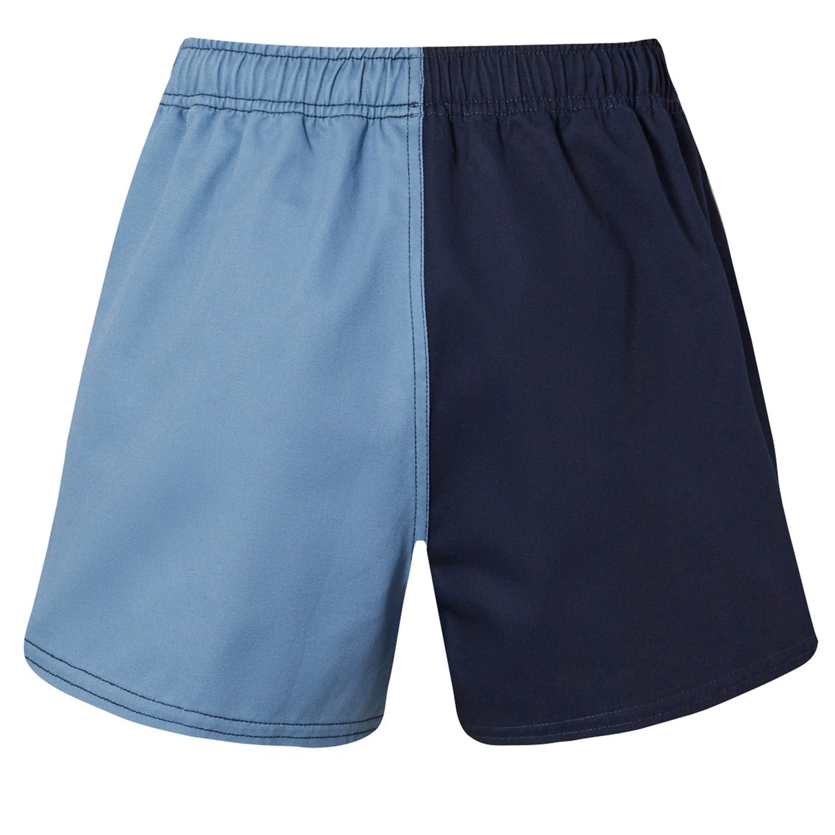 The Fundamental Harlequin Drill 3" Shorts by Canterbury feature a half-and-half design with light blue on the left and dark navy on the right, plus an elastic waistband for comfort.