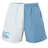 The Fundamental Harletic 3" Shorts by Canterbury feature a split design inspired by classic rugby shorts, with the left side in white and blue graphic and the right side in light blue.