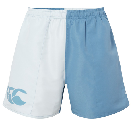 The Fundamental Harletic 3" Shorts by Canterbury feature a split design inspired by classic rugby shorts, with the left side in white and blue graphic and the right side in light blue.