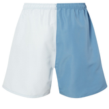 The Canterbury Fundamental Harletic 3" Shorts feature an elastic waistband and a two-tone design with a white left side and a light blue right side.