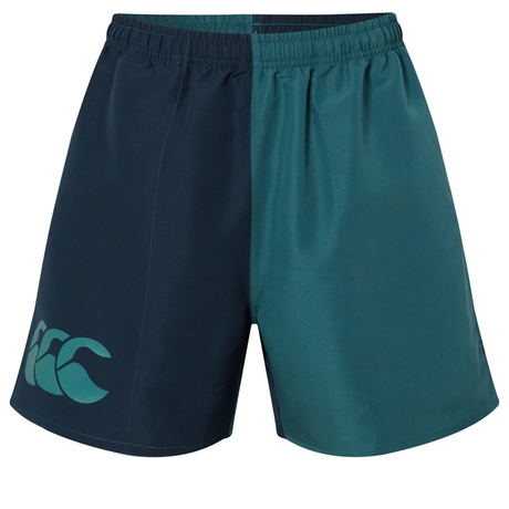 The Canterbury Fundamental Harletic 3" Shorts feature an elastic waistband, a split dark and teal green design, and a logo on the left leg—ideal for training sessions or casual wear.