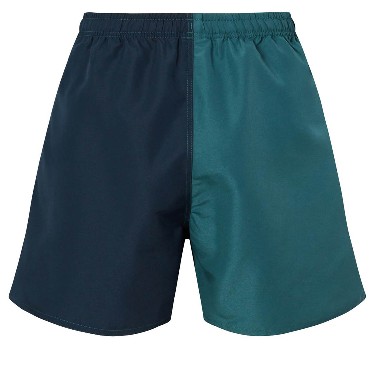 The Fundamental Harletic 3" Shorts by Canterbury feature a left navy blue panel, a right teal panel, and an elastic waistband—ideal Canterbury shorts for rugby or training.