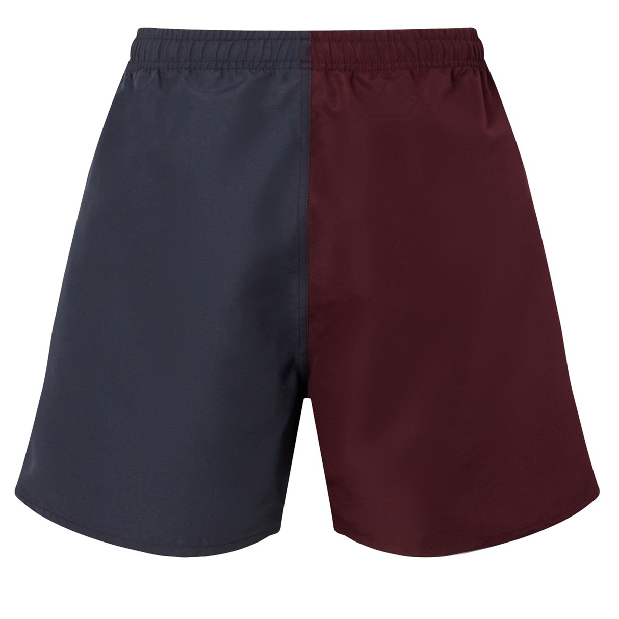 The Canterbury Fundamental Harletic 3" Shorts feature a vertical split design with a dark gray left side, maroon right side, and an elastic waistband.