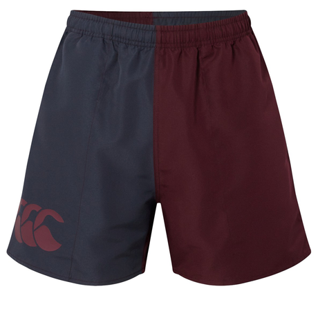 The Canterbury Fundamental Harletic 3" Shorts feature an elastic waistband, dark navy left and maroon right panels, plus a maroon logo on the left leg—perfect for training or casual wear.