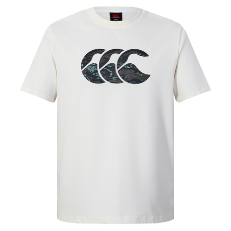The Force CCC T-Shirt by Canterbury is a white, short-sleeved rugby tee with a large stylized CCC logo featuring wave and mountain designs on the chest, made from an athletic cotton-blend for comfort and performance.