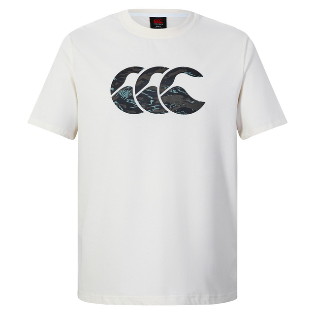 The Force CCC T-Shirt by Canterbury is a white, short-sleeved rugby tee with a large stylized CCC logo featuring wave and mountain designs on the chest, made from an athletic cotton-blend for comfort and performance.