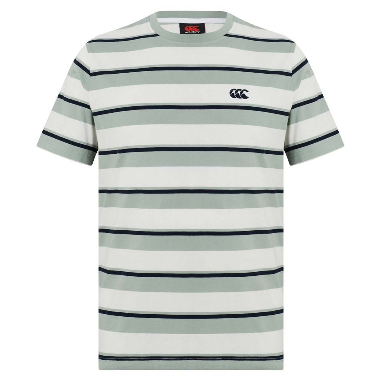 The Fundamental Yarn Dye Stripe T-Shirt by Canterbury features short sleeves, a crew neck, green, black, and white horizontal stripes, plus a subtle Canterbury logo on the left chest for a rugby-inspired look.