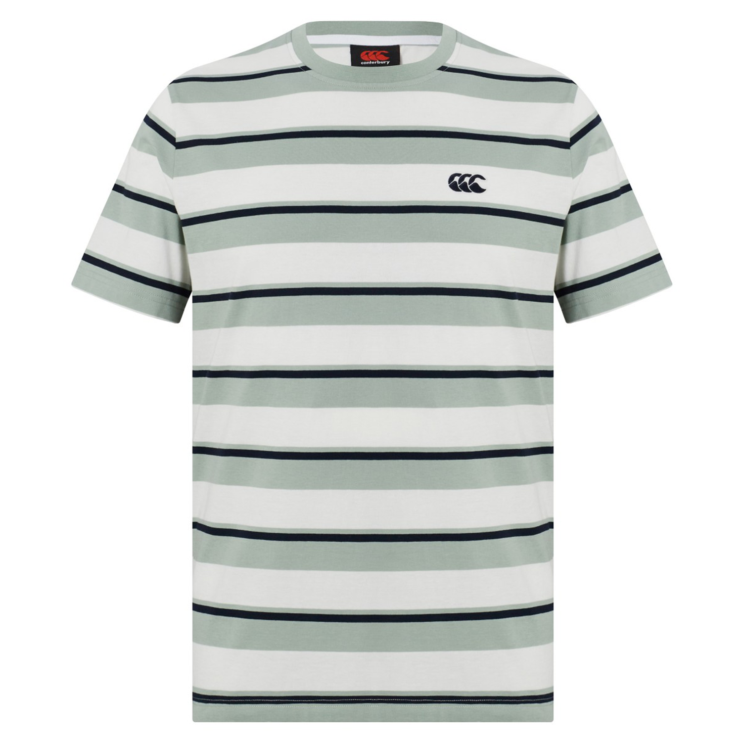 The Fundamental Yarn Dye Stripe T-Shirt by Canterbury features short sleeves, a crew neck, green, black, and white horizontal stripes, plus a subtle Canterbury logo on the left chest for a rugby-inspired look.