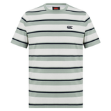 The Fundamental Yarn Dye Stripe T-Shirt by Canterbury features short sleeves, a crew neck, green, black, and white horizontal stripes, plus a subtle Canterbury logo on the left chest for a rugby-inspired look.