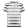 The Fundamental Yarn Dye Stripe T-Shirt by Canterbury features short sleeves, a crew neck, green, black, and white horizontal stripes, plus a subtle Canterbury logo on the left chest for a rugby-inspired look.