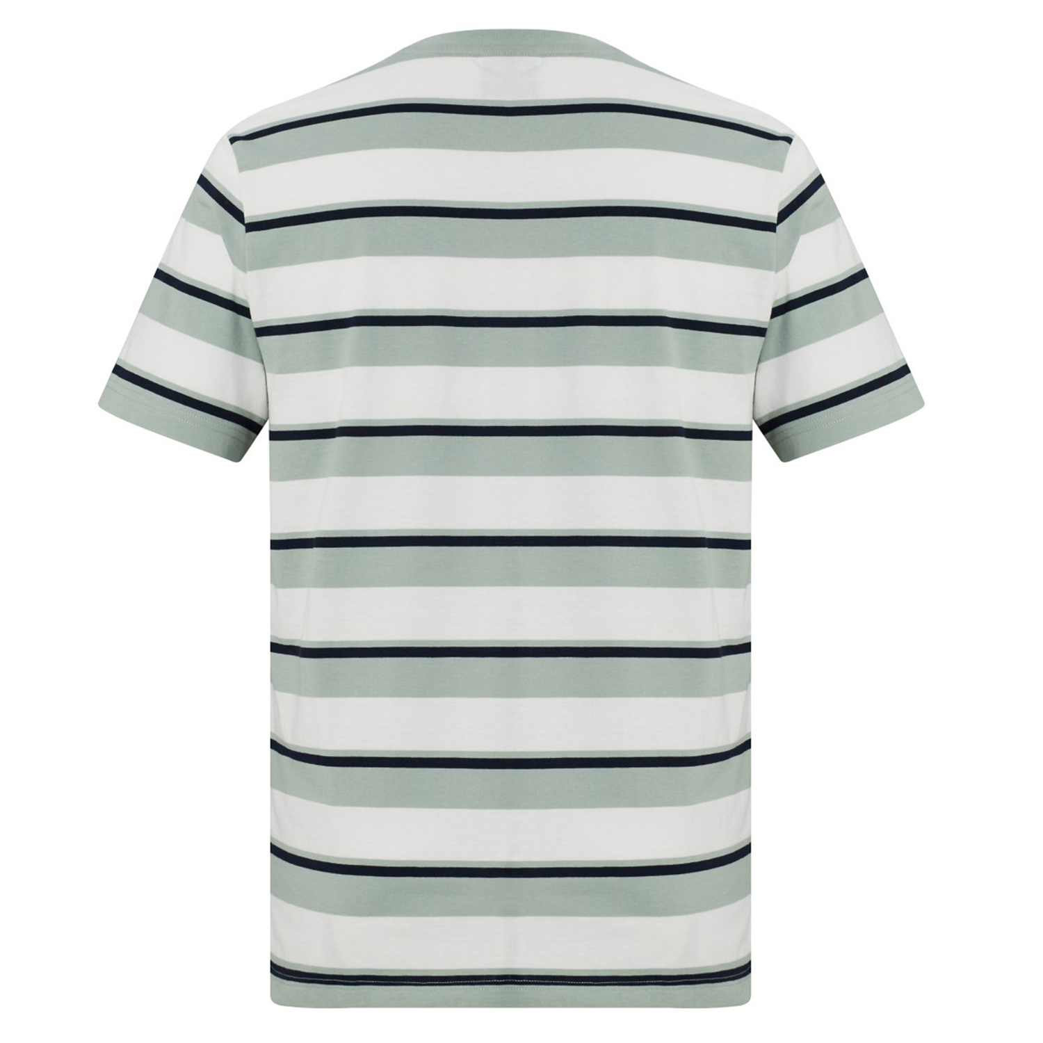 The Fundamental Yarn Dye Stripe T-Shirt by Canterbury features short sleeves and horizontal green, white, and black stripes in a rugby-inspired style, shown from the back.