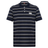 The Fundamental Yarn Dye Stripe Polo by Canterbury in navy blue features white, light blue, and beige horizontal stripes, a three-button placket, and a white embroidered Canterbury logo on the chest.