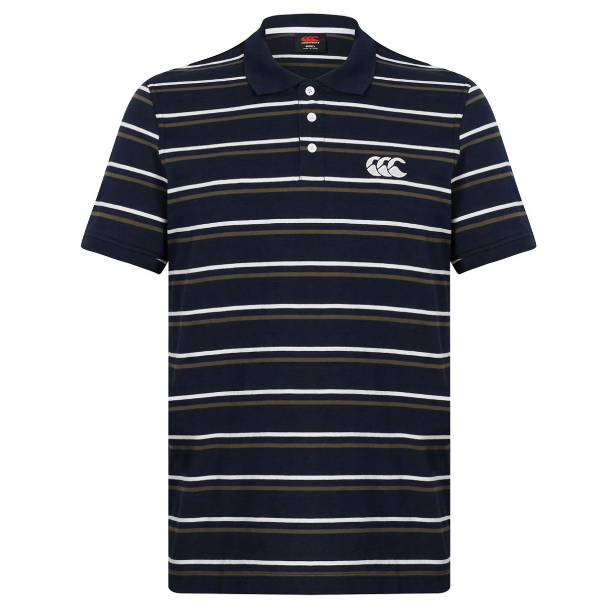 The Fundamental Yarn Dye Stripe Polo by Canterbury in navy blue features white, light blue, and beige horizontal stripes, a three-button placket, and a white embroidered Canterbury logo on the chest.