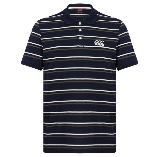The Fundamental Yarn Dye Stripe Polo by Canterbury in navy blue features white, light blue, and beige horizontal stripes, a three-button placket, and a white embroidered Canterbury logo on the chest.