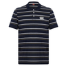 The Fundamental Yarn Dye Stripe Polo by Canterbury in navy blue features white, light blue, and beige horizontal stripes, a three-button placket, and a white embroidered Canterbury logo on the chest.