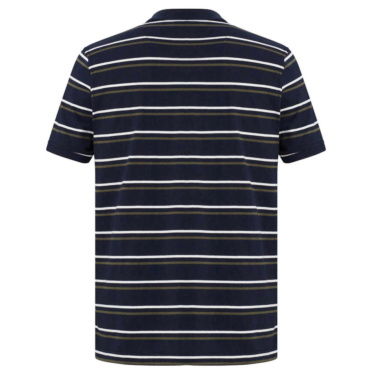 The Fundamental Yarn Dye Stripe Polo by Canterbury features navy blue fabric with horizontal white and beige stripes, shown from the back.