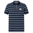 Introducing the Canterbury Yarn Dye Stripe Polo by Canterbury—a navy blue short-sleeve polo shirt with horizontal white and beige stripes, a buttoned collar, and the signature white Canterbury logo on the left chest, subtly reflecting classic rugby heritage.