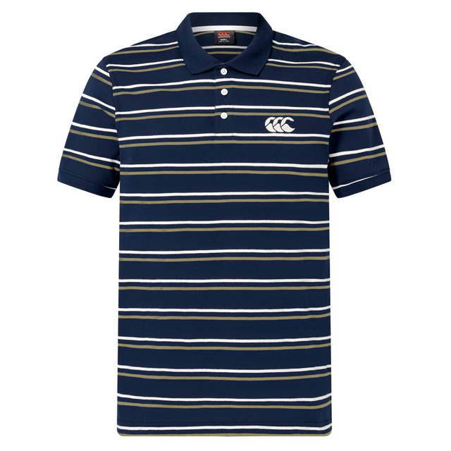 Introducing the Canterbury Yarn Dye Stripe Polo by Canterbury—a navy blue short-sleeve polo shirt with horizontal white and beige stripes, a buttoned collar, and the signature white Canterbury logo on the left chest, subtly reflecting classic rugby heritage.